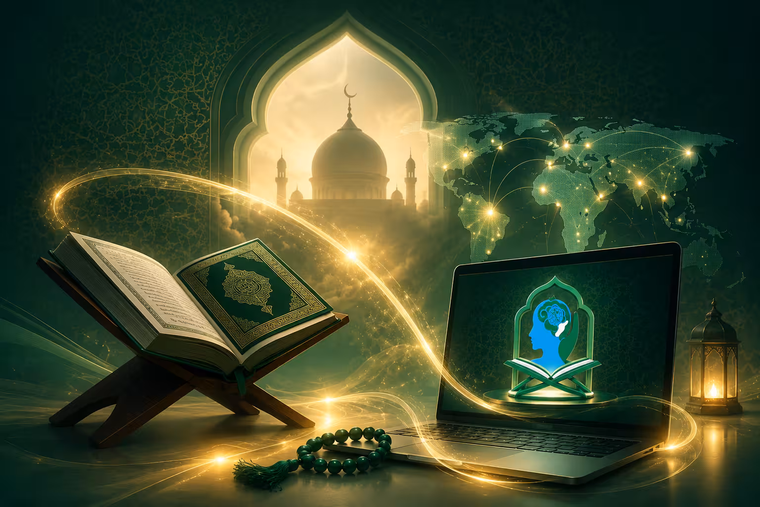 Student learning Quran online through laptop with Quran Pak, building faith, knowledge, and Islamic values under expert guidance