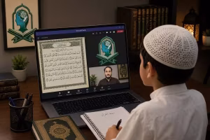 Young student holding the Holy Quran while learning Quran memorization online with qualified male and female teachers